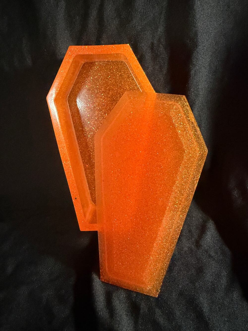 Neon Orange Glitter Coffin Trinket Box – Handmade Resin Halloween Decor
